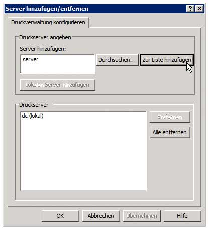 Druckverwaltung - Server hinzufügen - Server auswählen